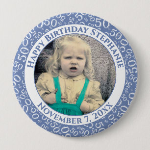 Your Photo 50th Birthday Number Pattern   Blue 10 Cm Round Badge