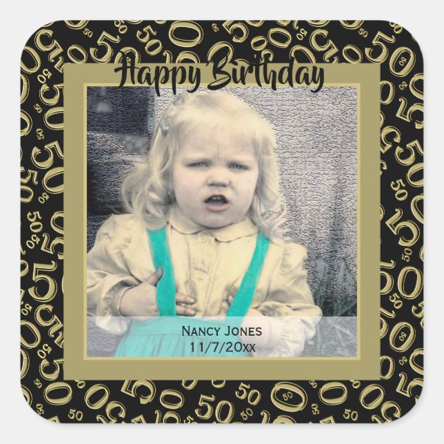 Your Photo:  50th Number Pattern Gold and Black Square Sticker (Front)