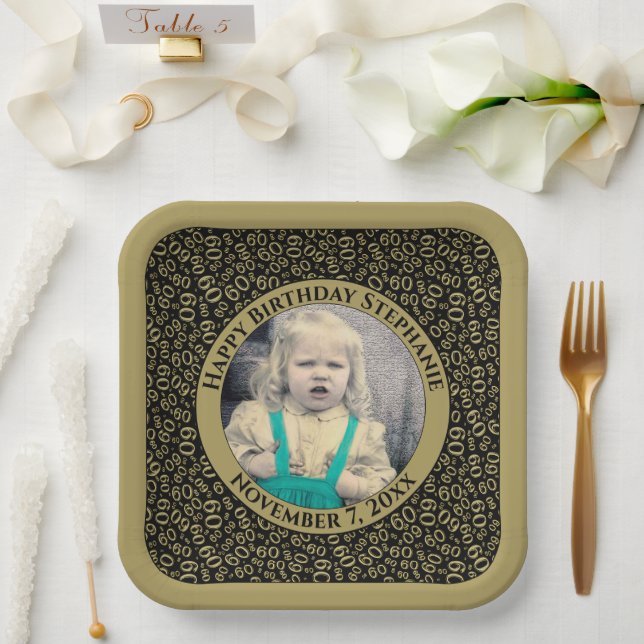 Your Photo 60 Random Number Pattern Black/Gold  Paper Plate (Wedding)