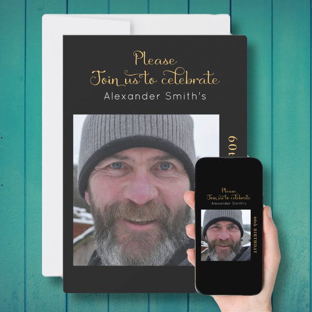 Your Photo 60th Birthday Black Gold Invitation (Creator Uploaded)