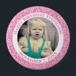 Your Photo 60th Birthday Number Pattern | Pink 10 Cm Round Badge<br><div class="desc">This is a commemorative button with your photo and text for celebrating your 60th Birthday. There is a text template to make it easy to change the message and date. There is also a photo template to make it easy to add your image. This pink-and-white picture frame is a random...</div>