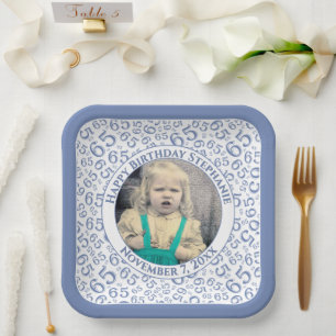 Your Photo 65 Random Number Pattern Blue/White Paper Plate