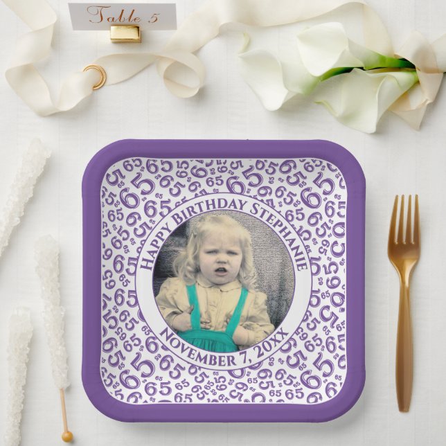 Your Photo 65 Random Number Pattern Purple/White  Paper Plate (Wedding)