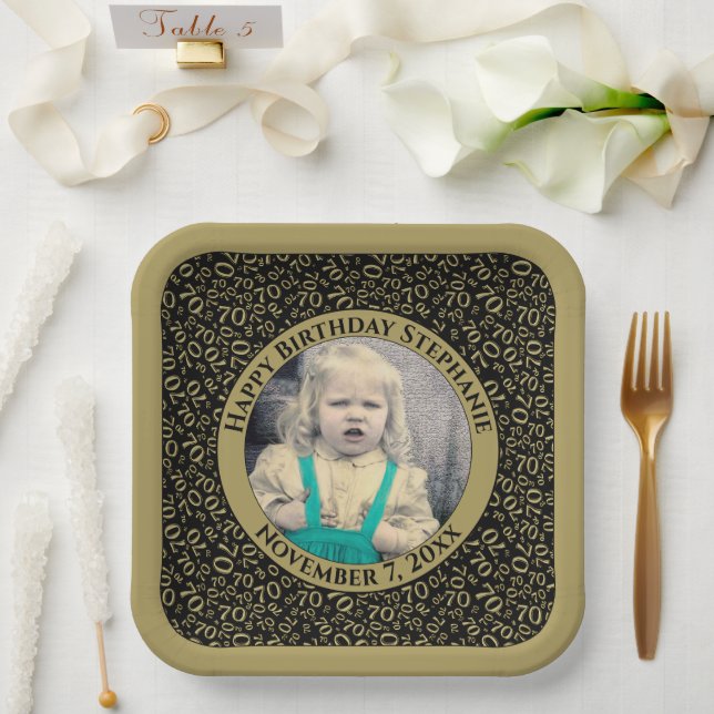Your Photo 70 Random Number Pattern Black/Gold  Paper Plate (Wedding)