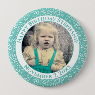 Your Photo 70th Birthday Number Pattern Teal 10 Cm Round Badge