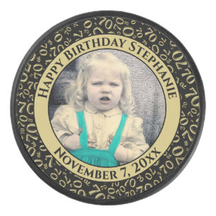 Your Photo 70th Random Number Pattern Black/Gold Hockey Puck