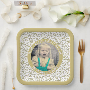 Your Photo 75 Random Number Pattern Gold/White Paper Plate