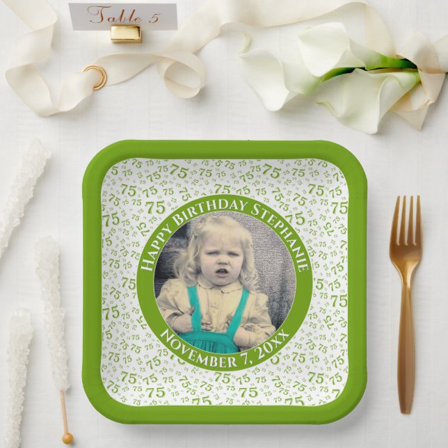 Your Photo 75 Random Number Pattern Green/White  Paper Plate (Wedding)