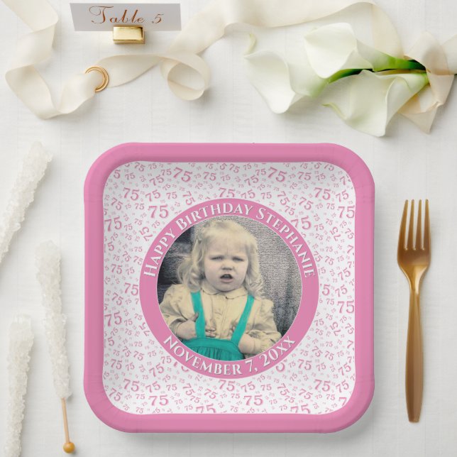 Your Photo 75 Random Number Pattern Pink/White  Paper Plate (Wedding)