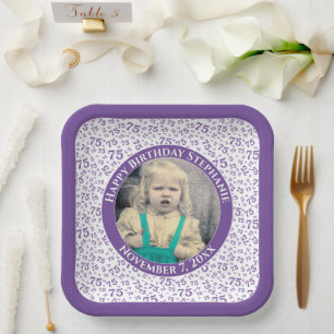 Your Photo 75 Random Number Pattern Purple/White Paper Plate