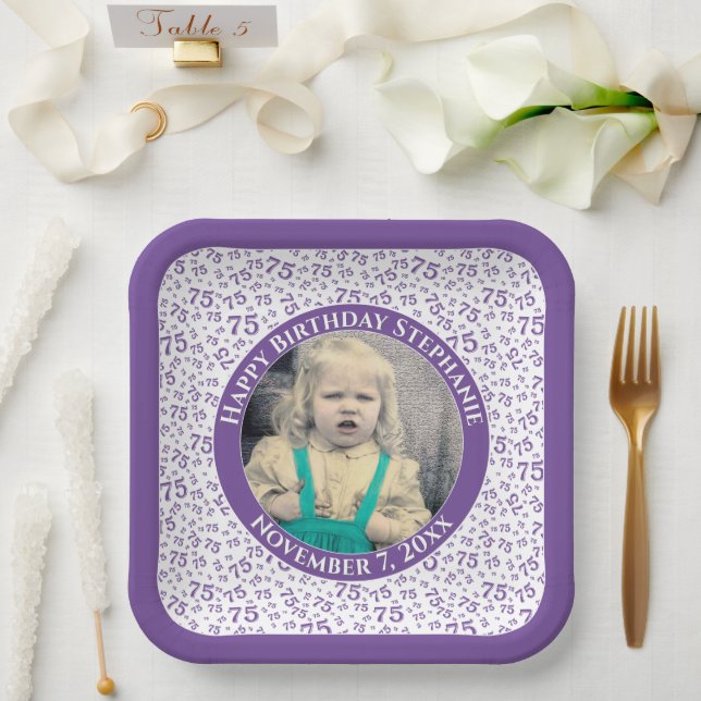 Your Photo 75 Random Number Pattern Purple/White  Paper Plate (Wedding)