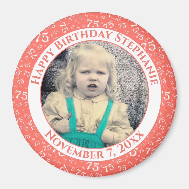 Your Photo 75th Birthday Number Pattern | Coral Magnet (Front)
