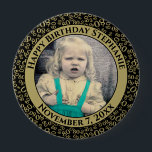 Your Photo 80th Birthday Number Pattern Black/Gold 10 Cm Round Badge<br><div class="desc">This is a commemorative button with your photo and text for celebrating your 80th Birthday. There is a text template to make it easy to personalise the message and date. There is also a photo template to make it easy to add your image. This black-and-gold picture frame is a random...</div>