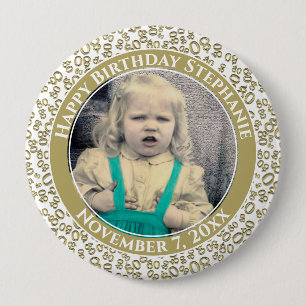 Your Photo 80th Birthday Number Pattern Gold/White 10 Cm Round Badge