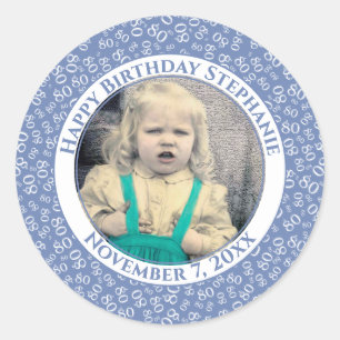 Your Photo 80th Random Number Pattern  Blue/White Classic Round Sticker