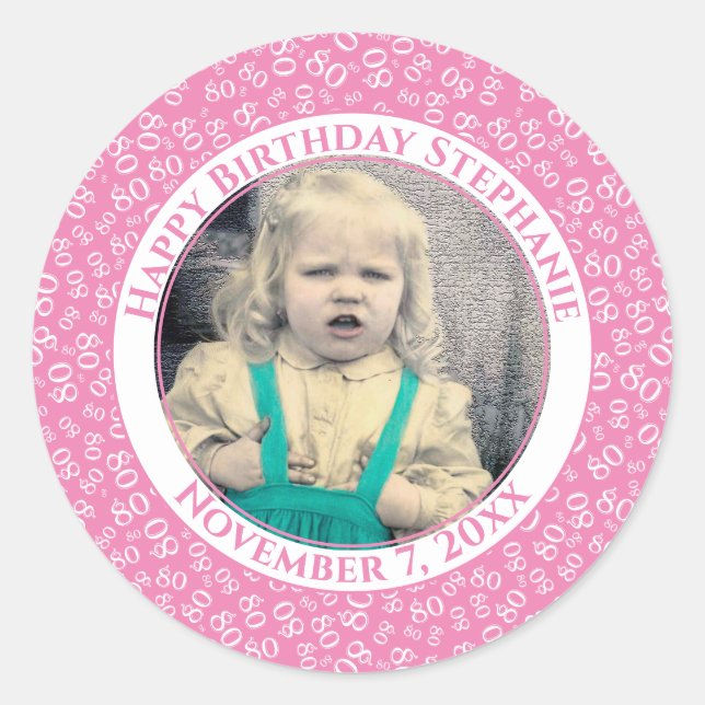 Your Photo 80th Random Number Pattern| Pink/White Classic Round Sticker (Front)