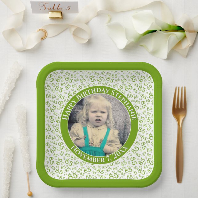 Your Photo 85 Random Number Pattern Green/White  Paper Plate (Wedding)