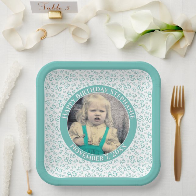 Your Photo 85 Random Number Pattern Teal/White  Paper Plate (Wedding)