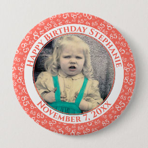 Your Photo 85th Birthday Number Pattern   Coral 10 Cm Round Badge