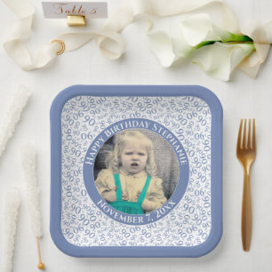 Your Photo 90 Random Number Pattern Blue/White Paper Plate