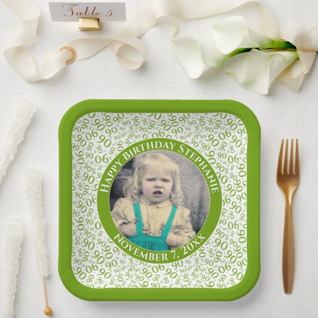 Your Photo 90 Random Number Pattern Green/White  Paper Plate (Wedding)
