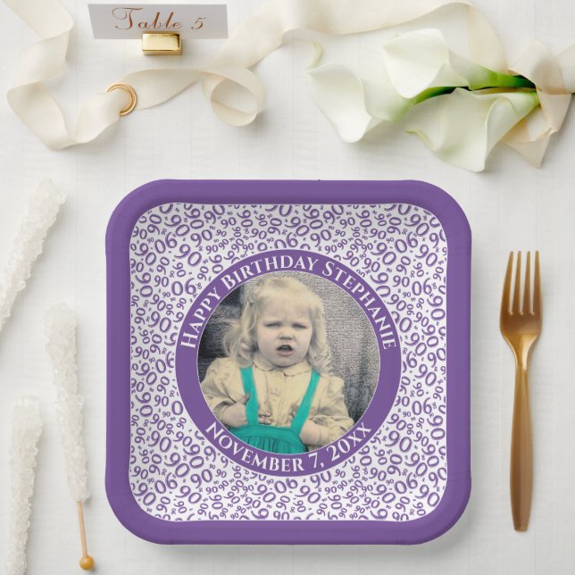 Your Photo 90 Random Number Pattern Purple/White Paper Plate (Wedding)