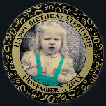 Your Photo:  90th Number Pattern Black & Gold 6 Cm Round Badge<br><div class="desc">This is a commemorative button with your photo and text to celebrate your 90th Birthday. There are text templates to make it easy to change the name, date, and photo. The example is an old snapshot scanned at 300 pixels per inch. This over-the-hill, black & gold random number pattern is...</div>