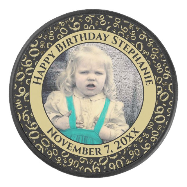 Your Photo 90th Random Number Pattern Black/Gold Hockey Puck (Front)