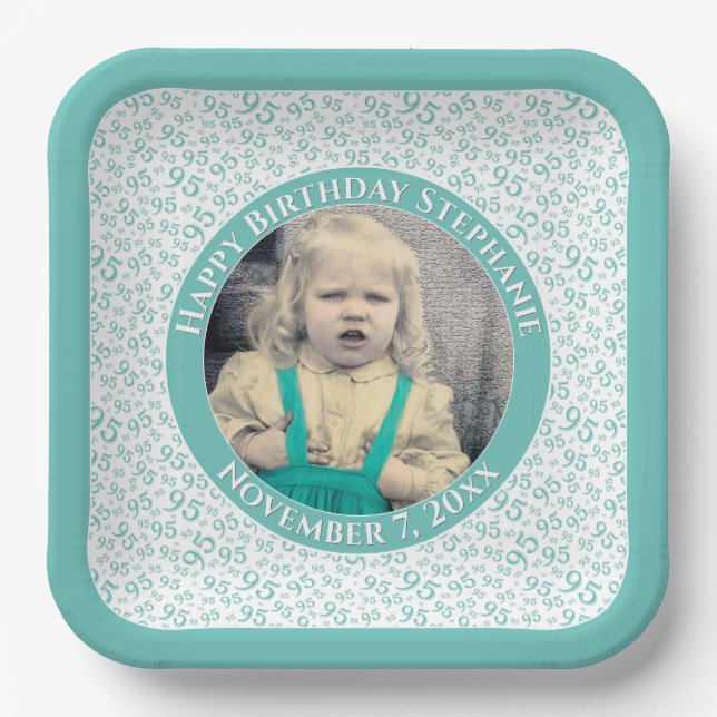 Your Photo 95 Random Number Pattern Teal/White Paper Plate (Front)