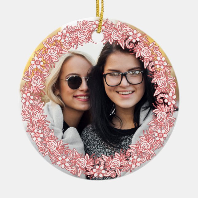 YOUR PHOTO and custom text in Flower Wreath Frame Ceramic Ornament (Front)