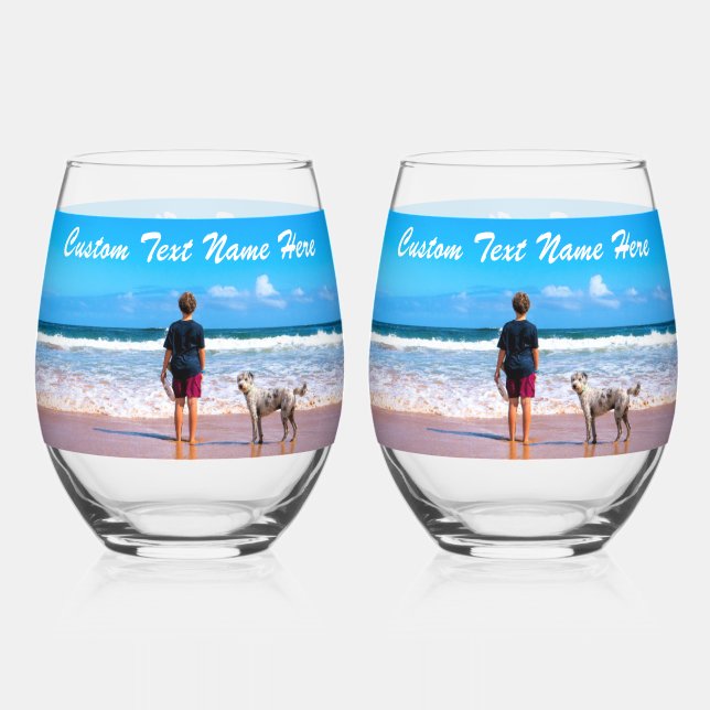 Your Photo and Custom Text Personalised Gift Stemless Wine Glass (Back)