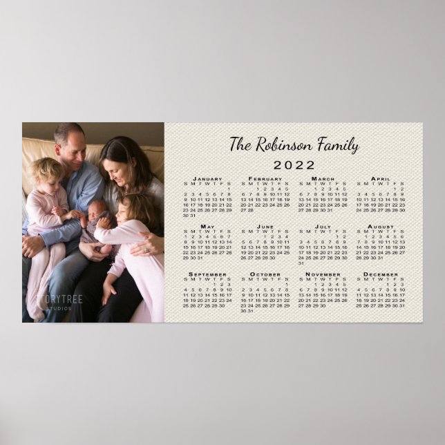 Your Photo and Name 2022 Calendar Faux Canvas Poster (Front)