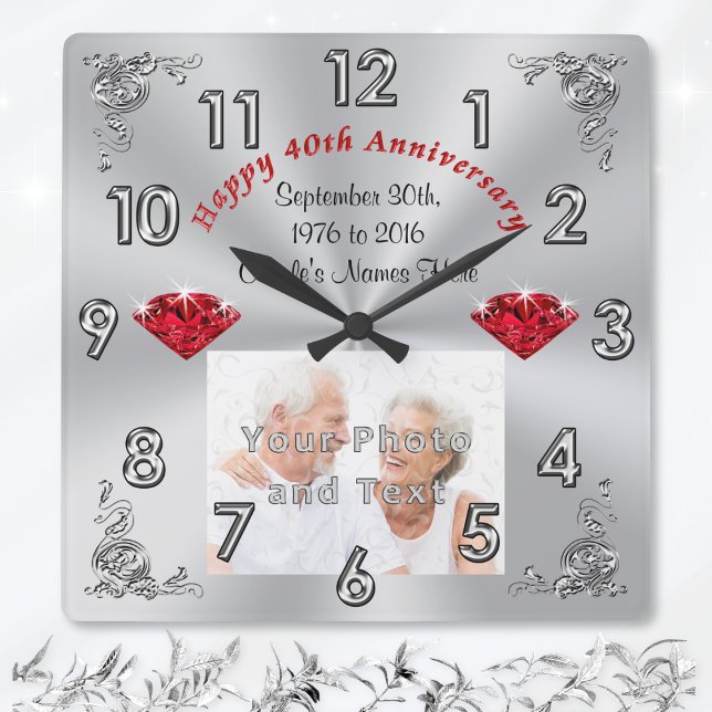 Your PHOTO and TEXT 40th Anniversary Gifts Square Wall Clock (40th wedding anniversary gifts for parents. 40th anniversary wedding gifts. Ruby anniversary gifts.)