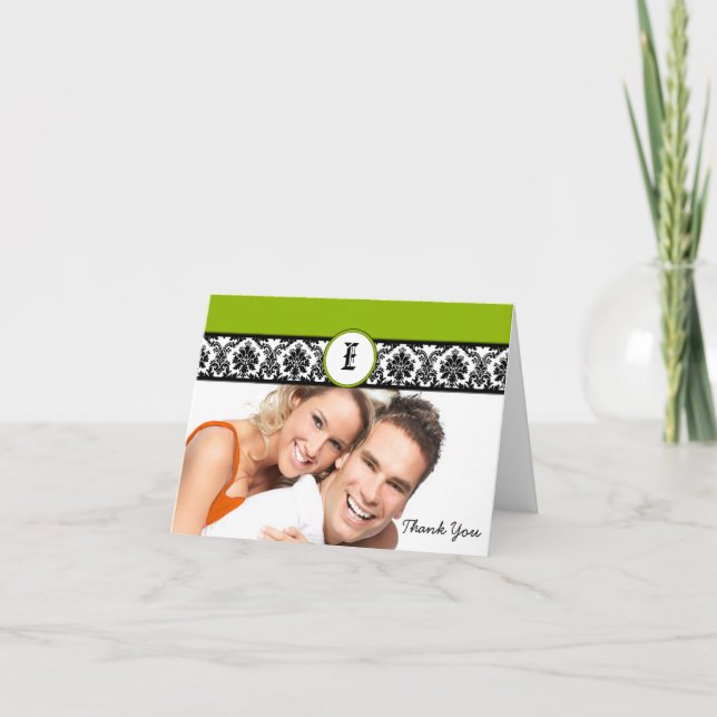 Your Photo Apple Green & Black Damask Thank You Card (Front)