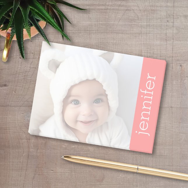 Your Photo Automatically Lightens - CORAL name Post-it Notes (A fun personalized photo post-it with a photo in the background and color block.)