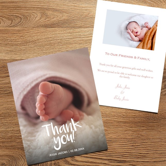 Your photo baby girl baby shower thank you card (Baby boy announcement card featuring a close-up of tiny feet and handwritten style script )
