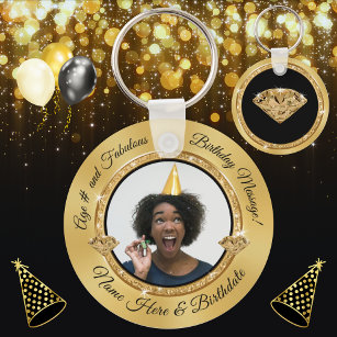 Your Photo Black and Gold Birthday Party Favours Key Ring