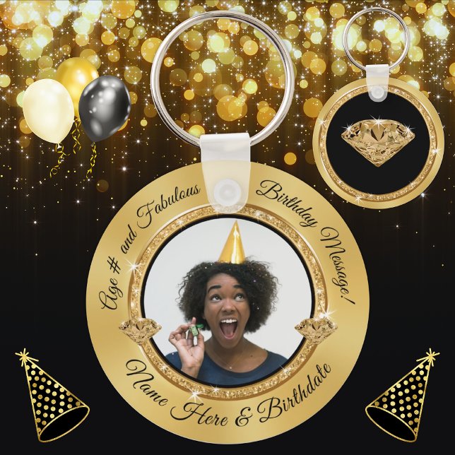 Your Photo Black and Gold Birthday Party Favours Key Ring (Creator Uploaded)
