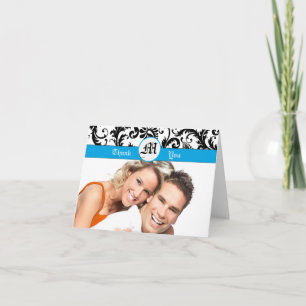 Your Photo Black Damask Aqua Borders Thank You Card