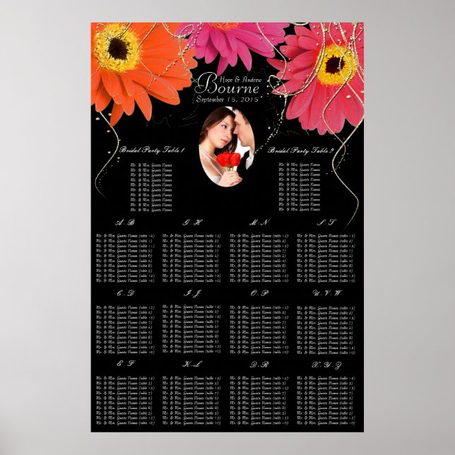 Your Photo Black & Plum Gerber Daisy Seating Chart (Front)