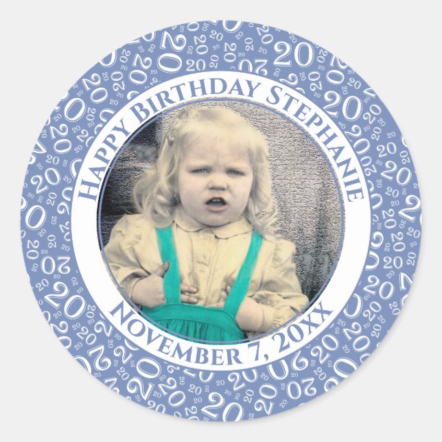 Your Photo Blue/White 20 Random Number Pattern Classic Round Sticker (Front)