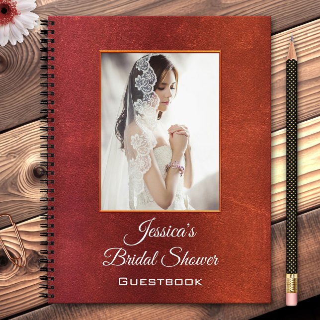 Your Photo Bridal Shower Guestbook Spiral Notebook (Bridal notebook featuring your photo framed by rose gold and rustic weathered leather - guestbook)