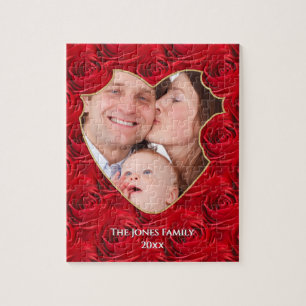 Your Photo: Christmas Red Rose Pattern Heart Frame Jigsaw Puzzle