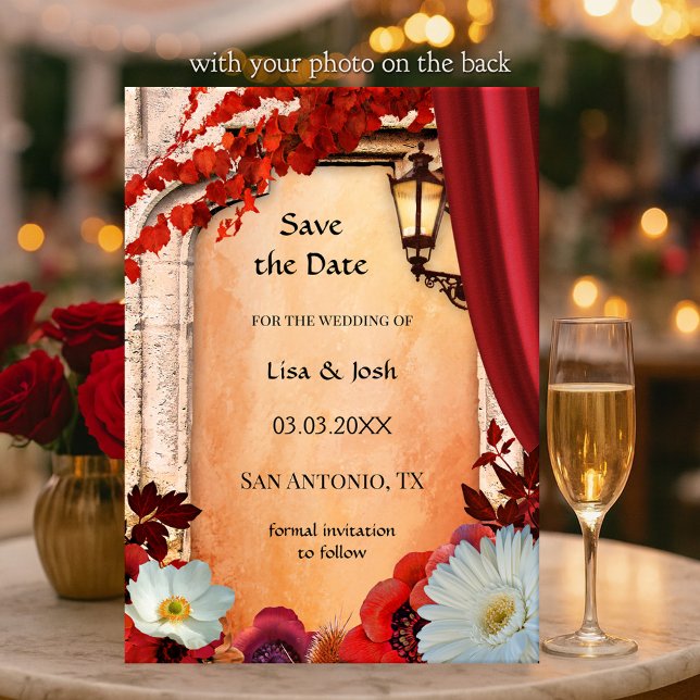 Your Photo Classic Floral Fall Save the Date Card (Save the Date card featuring a classic Italian Mediterranean fall design with lantern and flowers)