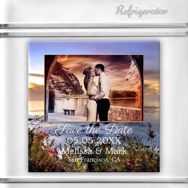 Your Photo Coastal Sunset Save the Date Magnet (A romantic Save the Date magnet with your own favorite photo framed by a coastal design at sunset.)