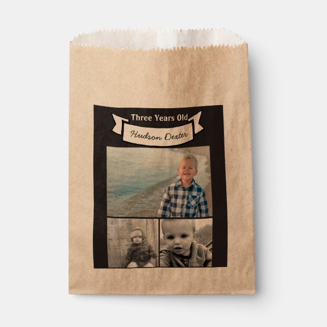 Your Photo Collage Rustic Banner Three Years Old Favour Bag (Front)