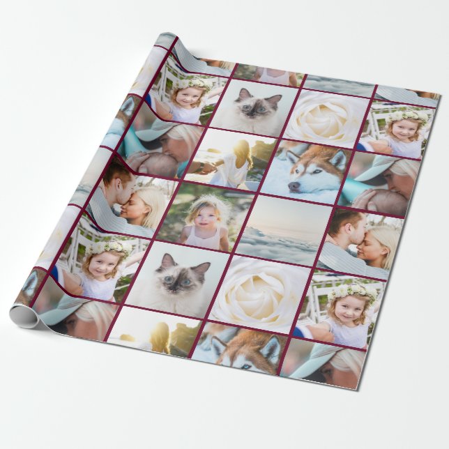 Your Photo Custom Grid Collage Burgundy Wrapping Paper (Unrolled)
