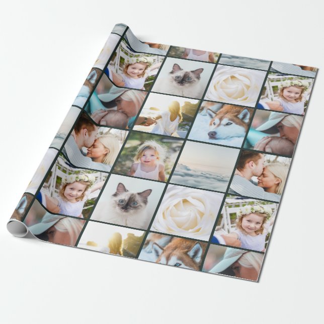 Your Photo Custom Grid Collage Dark Green Wrapping Paper (Unrolled)