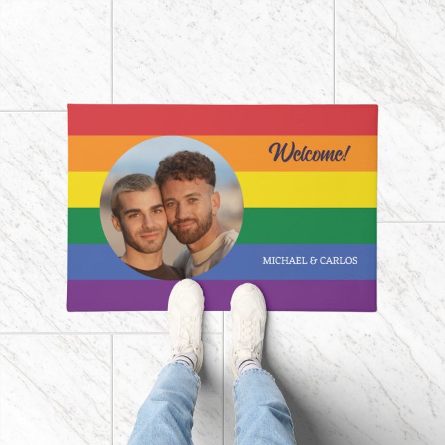 YOUR Photo & Custom Name(s) Rainbow Flag Doormat (Indoor)