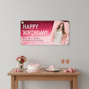 Your Photo Custom Pink Glitter Birthday Banner